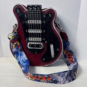 Guitar-Shaped Crossbody Bag in Burgundy and Black - Grungy Emo Concert Retro